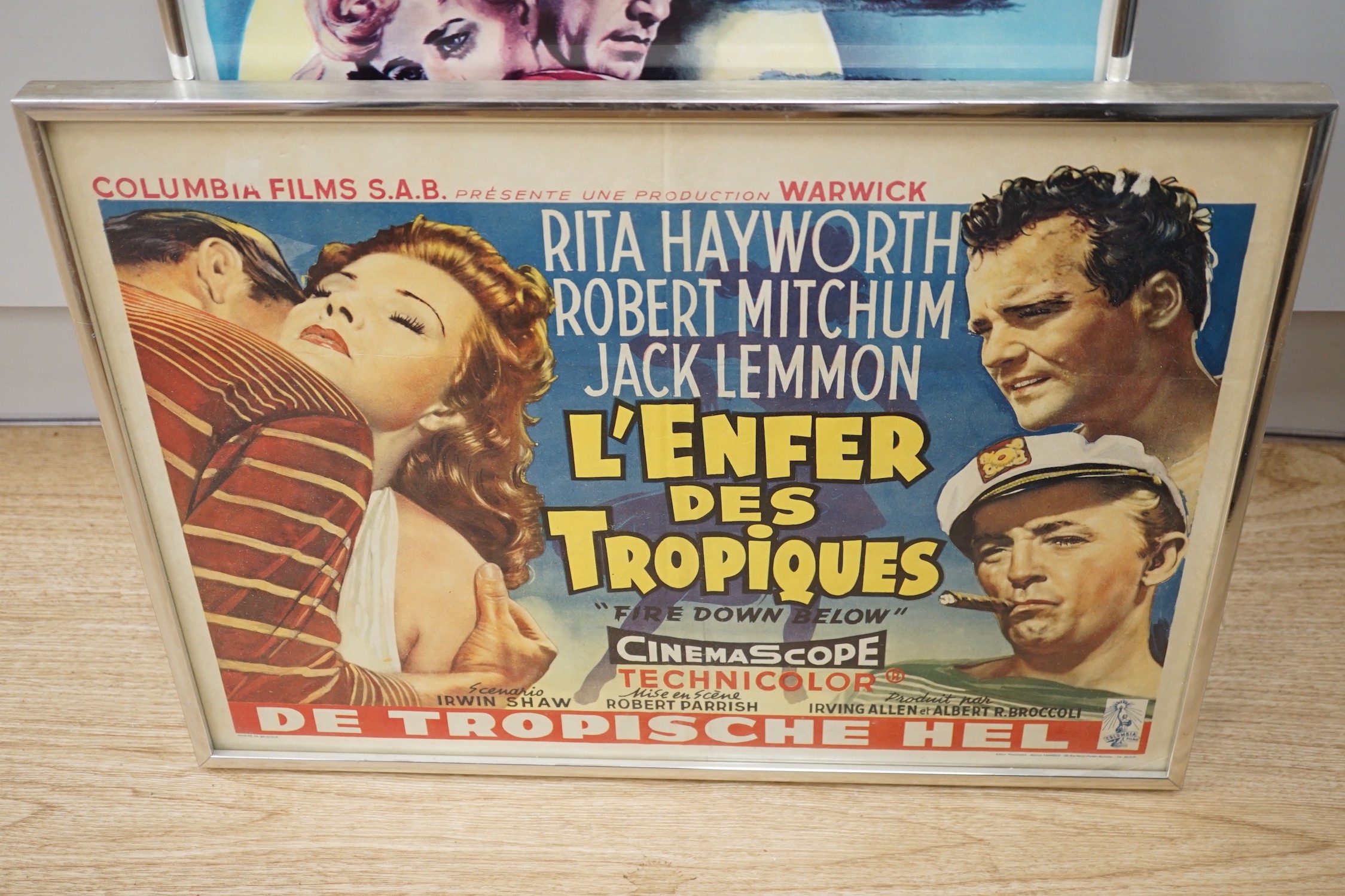 Six framed Belgian Robert Mitchum movie lobby posters, tallest 34cms wide x 52cms high